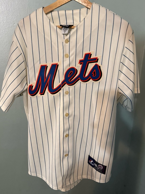 Majestic Other - Majestic Mets White Pinstripe Baseball Jersey with Blue and Orange Script